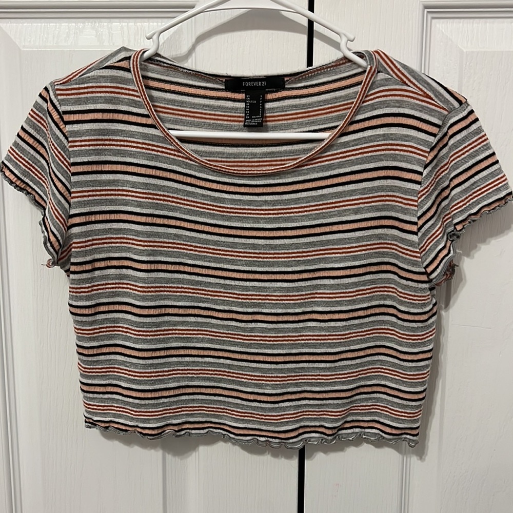 FOREVER 21 Striped Lettuce Edge Crop Top